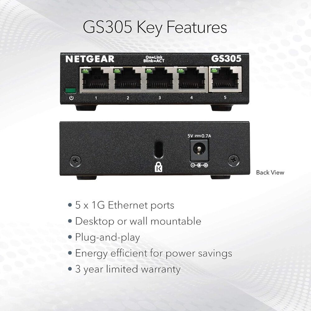 5-Port Gigabit Ethernet Unmanaged Essentials Switch GS305 - Home Network Hub, Of - Picture 5 of 6